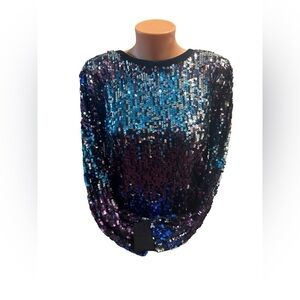 NEW Anna-Kaci Sparkle & Shine Blouse M Blue Silver Sequin Rib Neck Mobwife